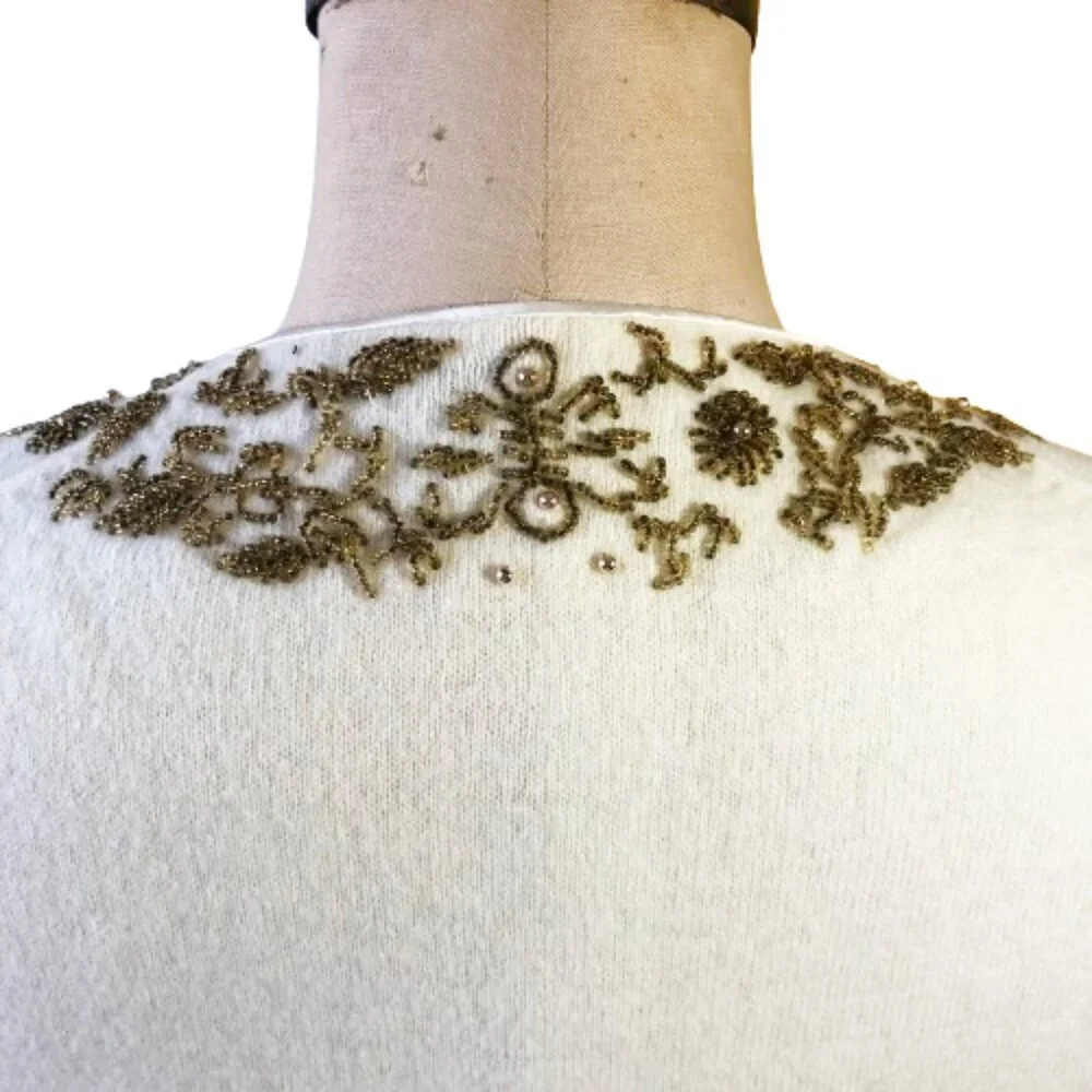 Vintage  rockabilly cashmere hand beaded cream cardigan sweater - Picture 9 of 16